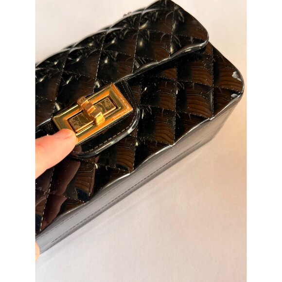 Black Quilted Jelly Chain Crossbody Bag With Gold-Tone Turn Lock & Strap - Picture 2 of 9